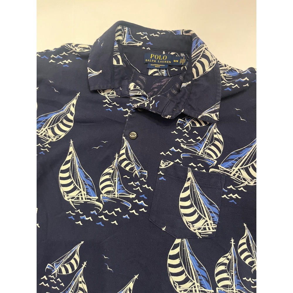 Polo Ralph Lauren Mens Sailboat Print Featherweight Mesh Polo Shirt Navy Blue M
